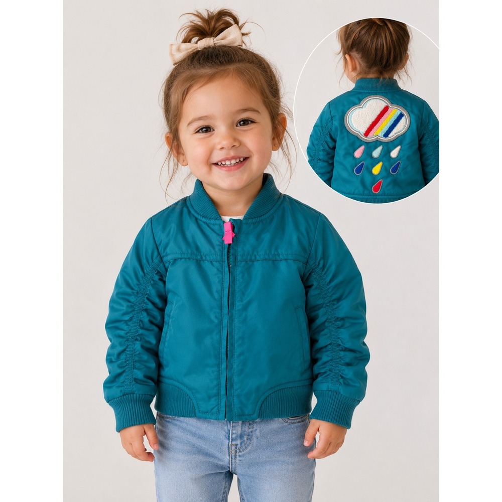 Cat & Jack Baby Teal Bomber Jacket Rainbow Cloud Raindrops 12M Full Zip Fleece